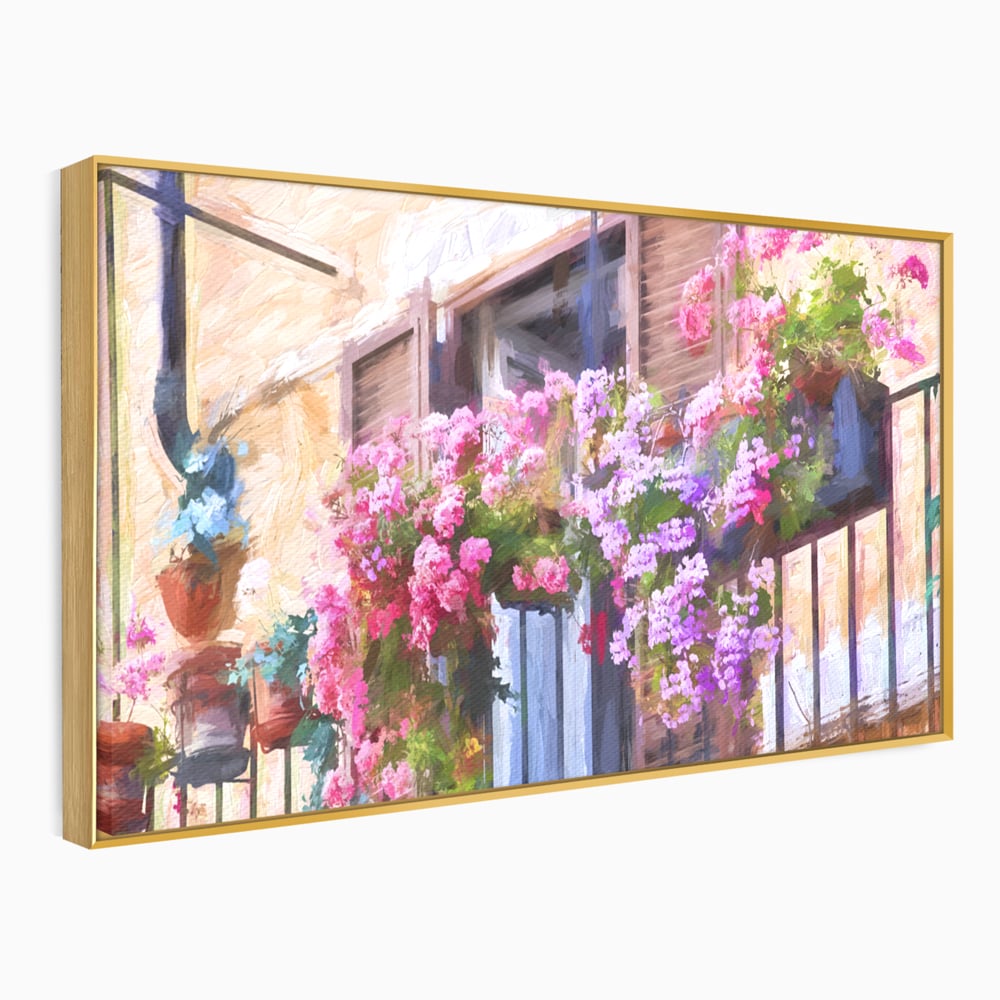Tablou canvas cu pictura cu balcon plin de flori roz, in rama de aluminiu auriu